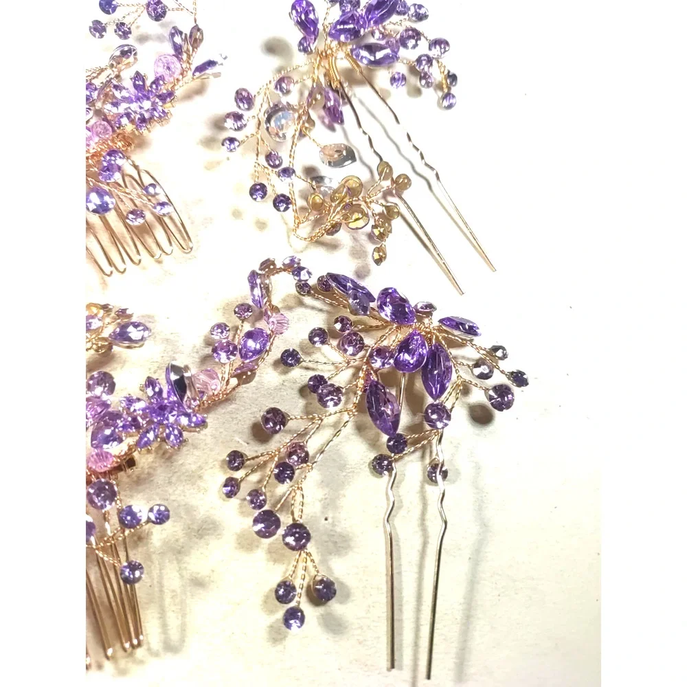 Lot Of 4 Hair Accessory 2 Combs 2 Picks Gold Tone Purple Rhinestone Prom Party